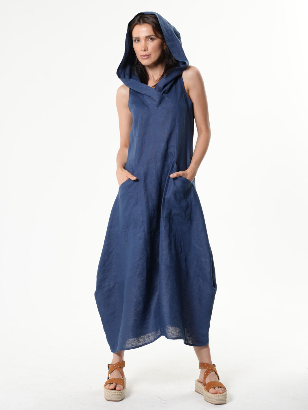 Linen Hooded Dress In Blue