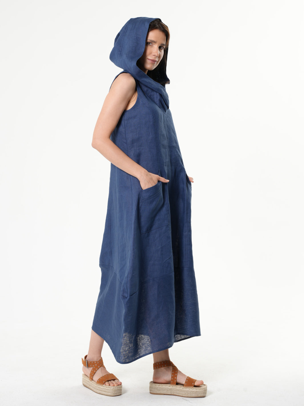 Linen Hooded Dress In Blue