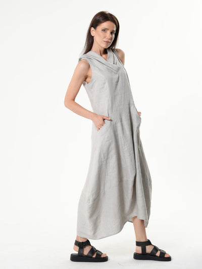 Linen Hooded Dress In Gray