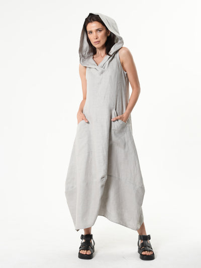 Linen Hooded Dress In Blue