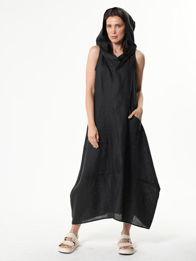 Linen Hooded Dress In Black