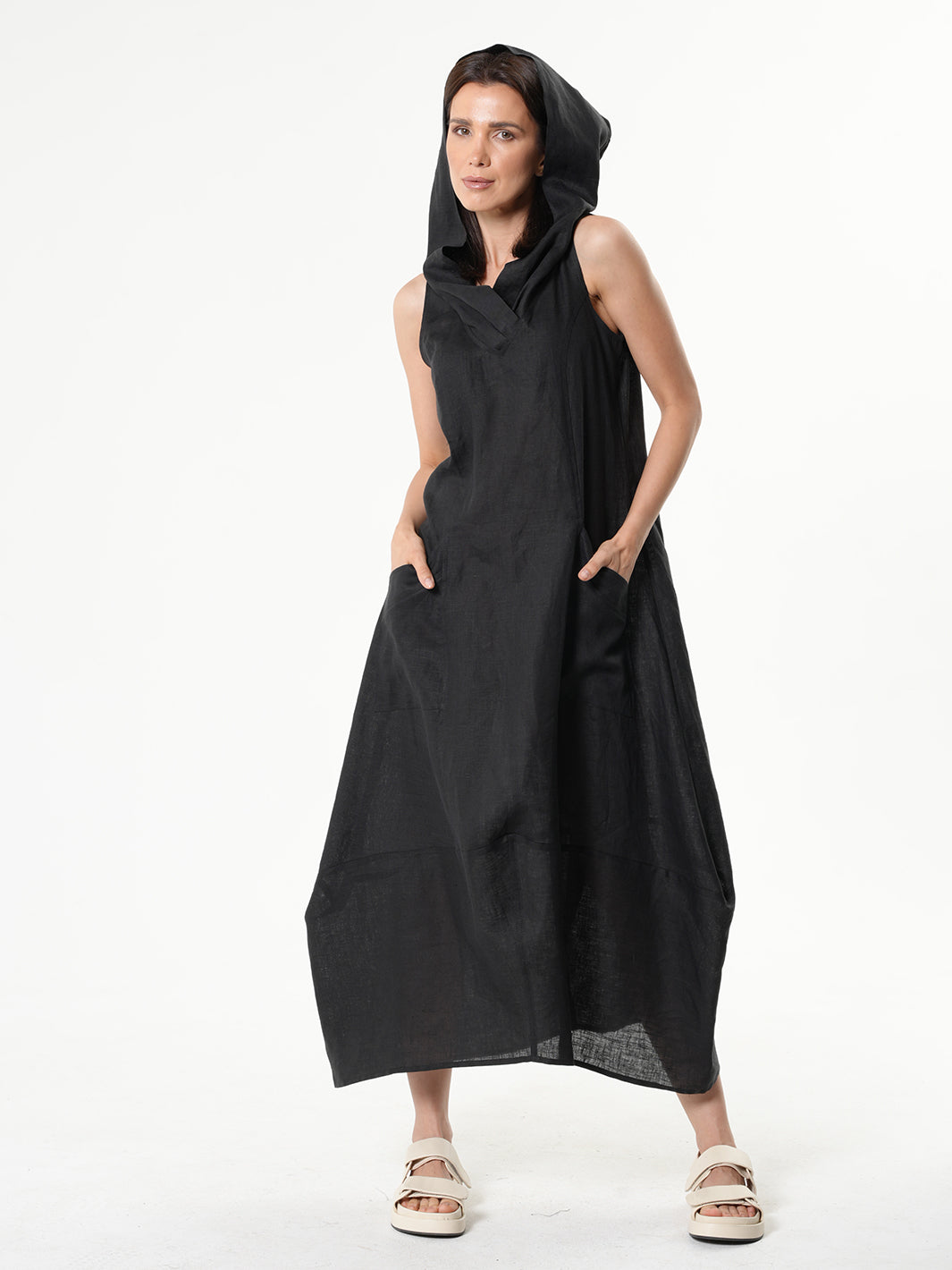 Linen Hooded Dress In Black