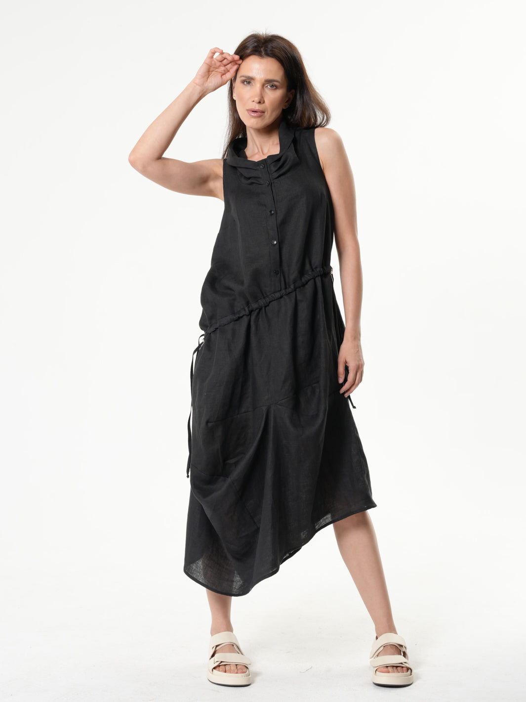 Black Linen Dress With Asymmetric Hem