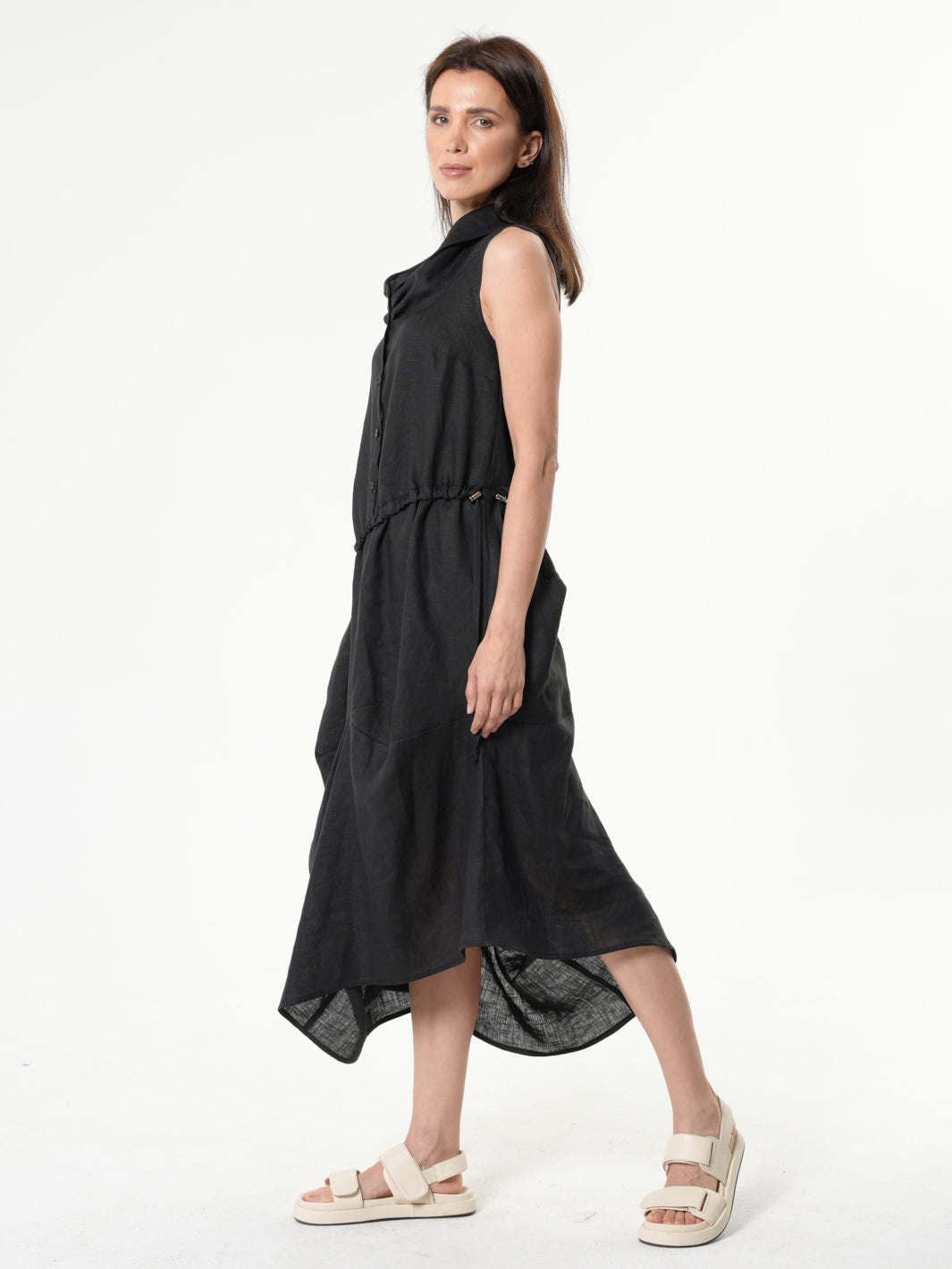 Black Linen Dress With Asymmetric Hem