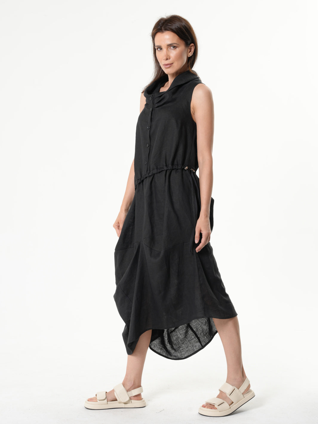 Black Linen Dress With Asymmetric Hem