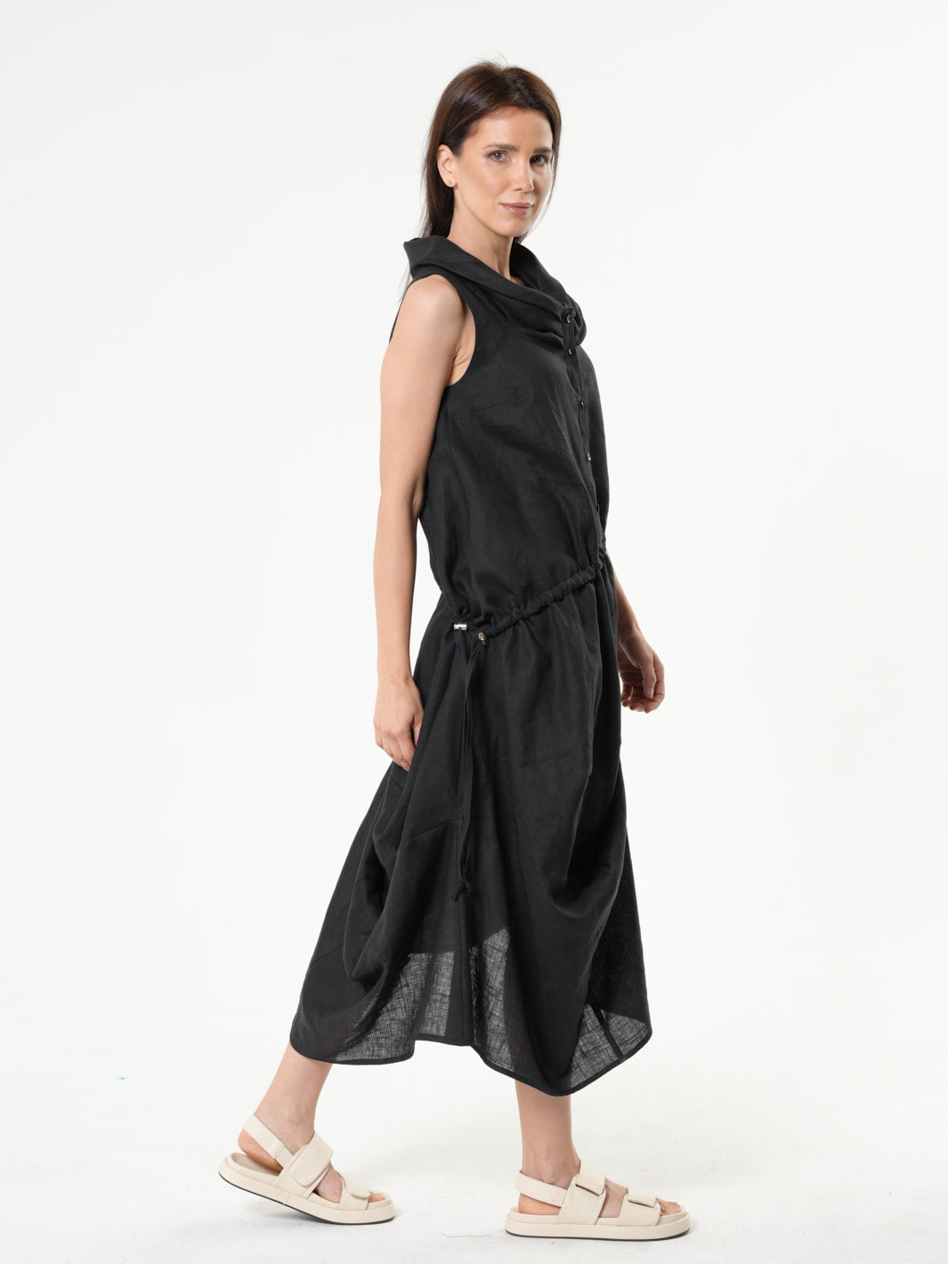 Black Linen Dress With Asymmetric Hem