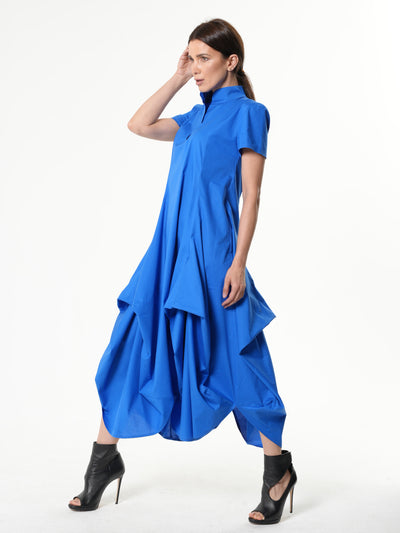 Asymmetric Collared Dress With Short Sleeves