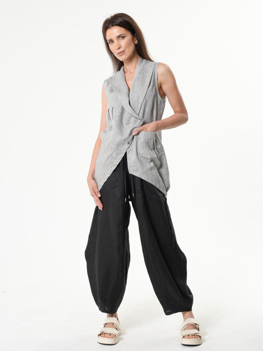 Asymmetric Linen Top In Gray