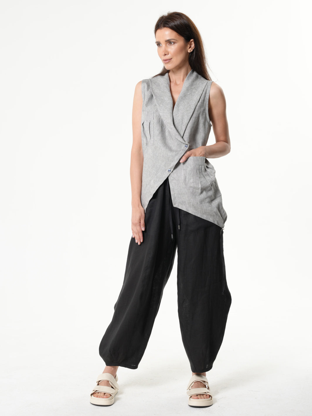 Asymmetric Linen Top In Gray