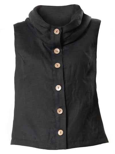 Buttoned Sleeveless Linen Top In Black