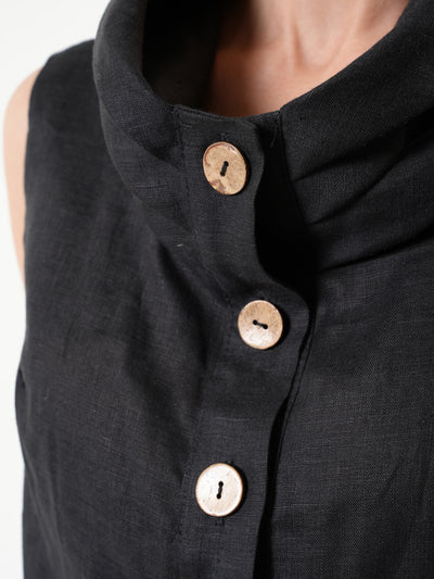 Buttoned Sleeveless Linen Top In Black