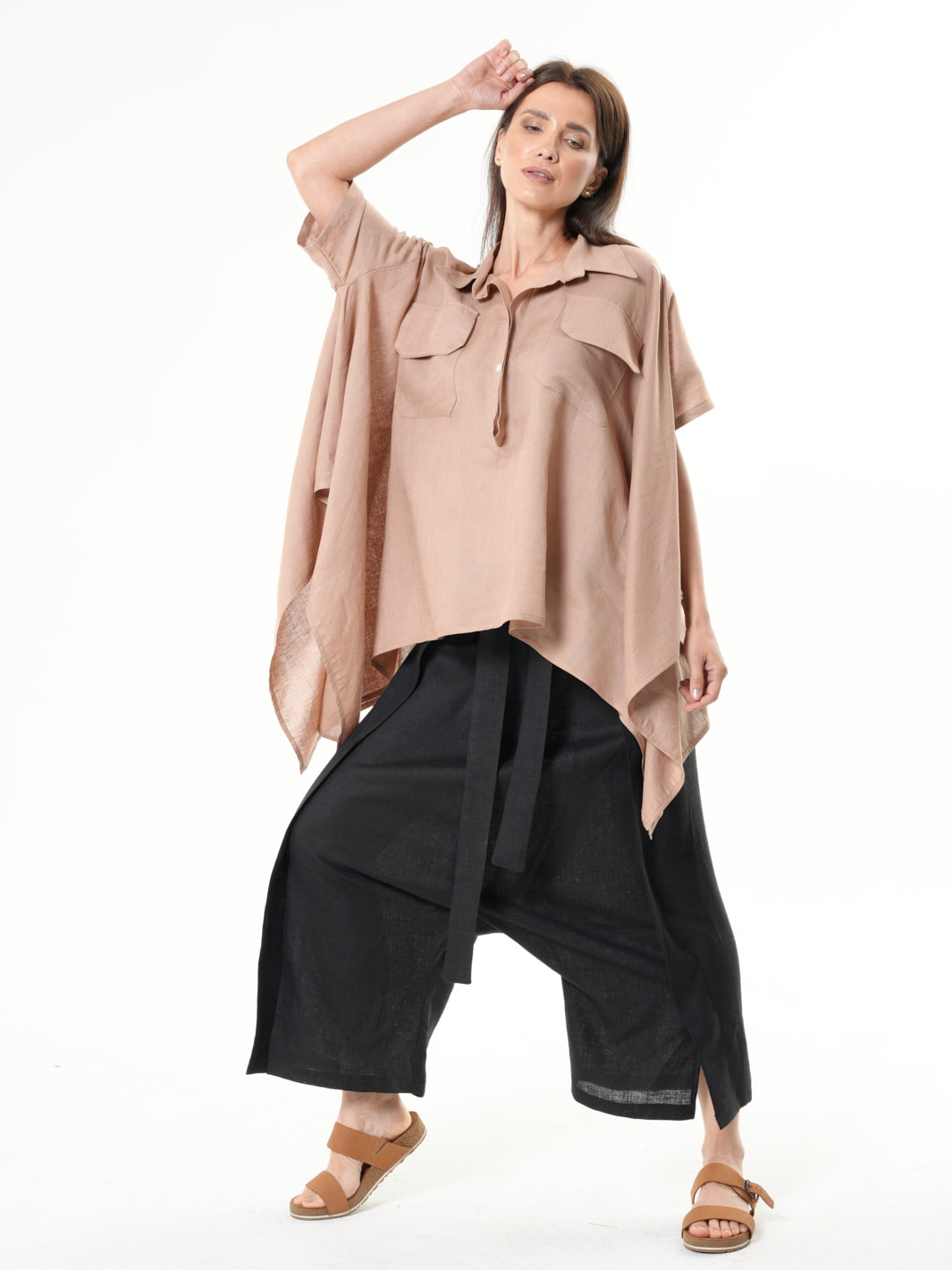 Loose Linen Shirt In Camel