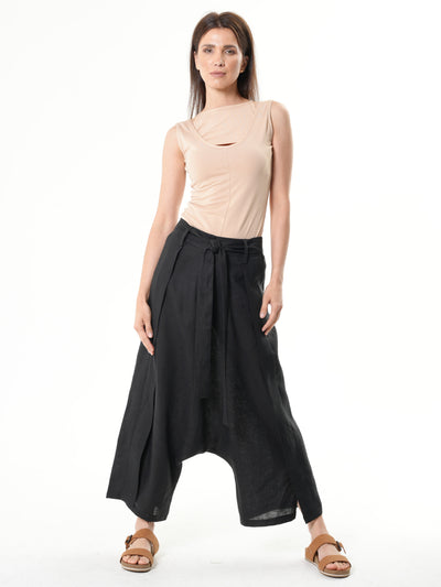 Linen Drop-Crotch Pants In Black