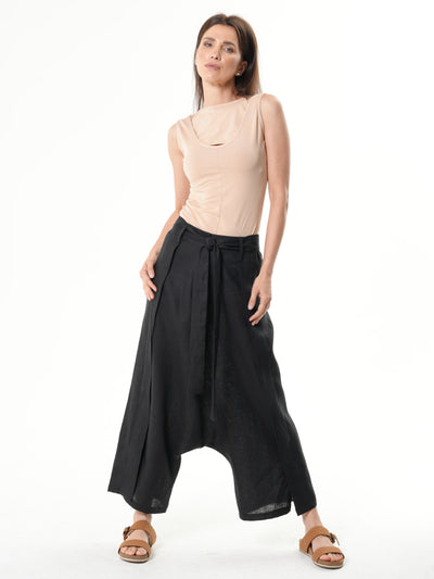 Linen Drop-Crotch Pants In Black