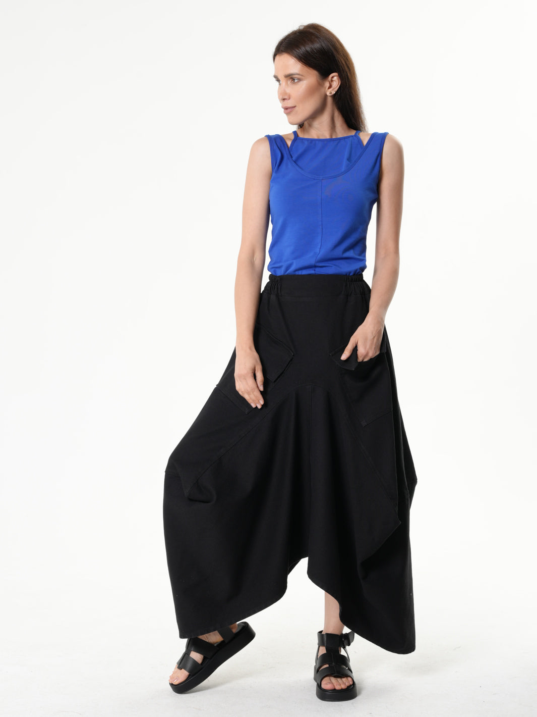 Asymmetrical Long Denim Skirt In Black