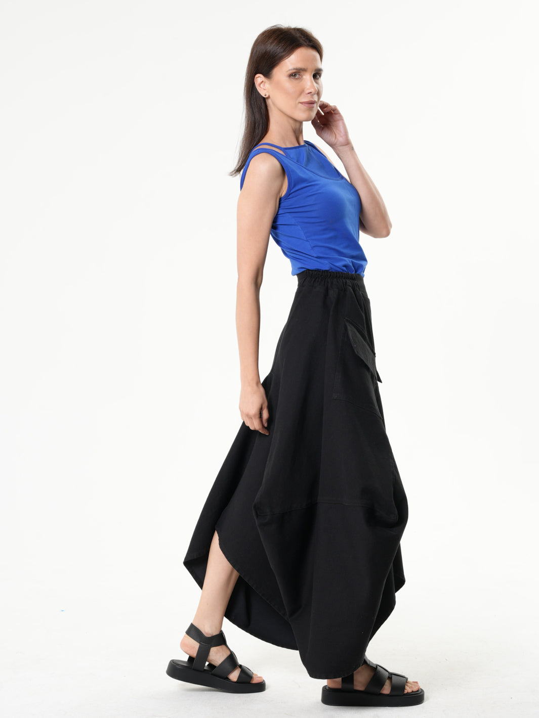 Asymmetrical Long Denim Skirt In Black