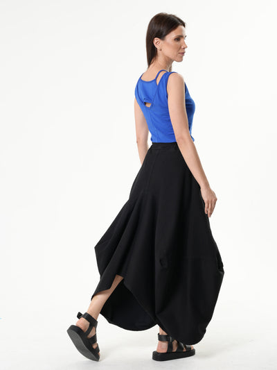 Asymmetrical Long Denim Skirt In Black