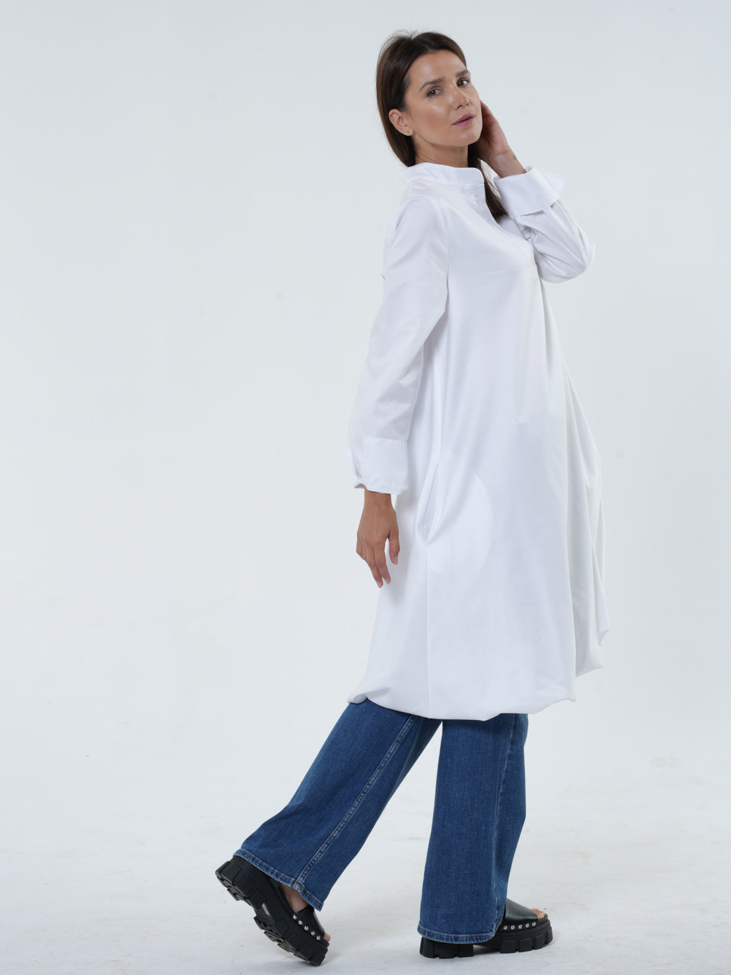 Long Sleeve Tunic Dress In White