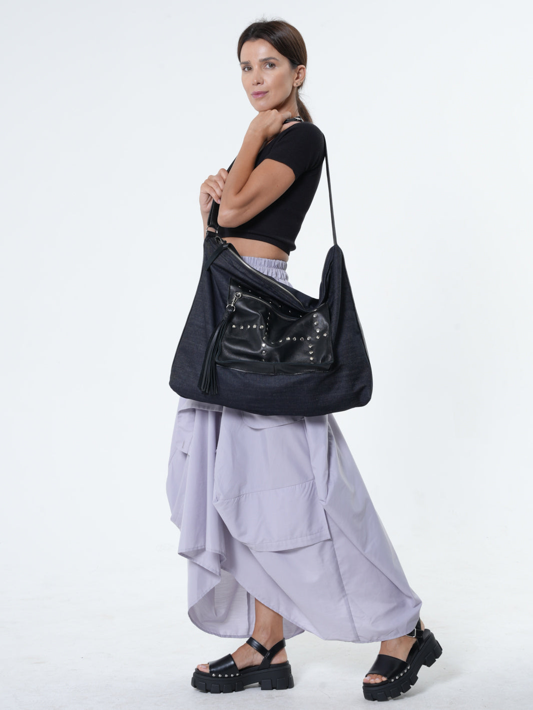 Oversized Slouchy Tote Bag - Denim and Leather