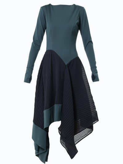 Asymmetric Dress In Petrol With Pleated Chiffon Layer