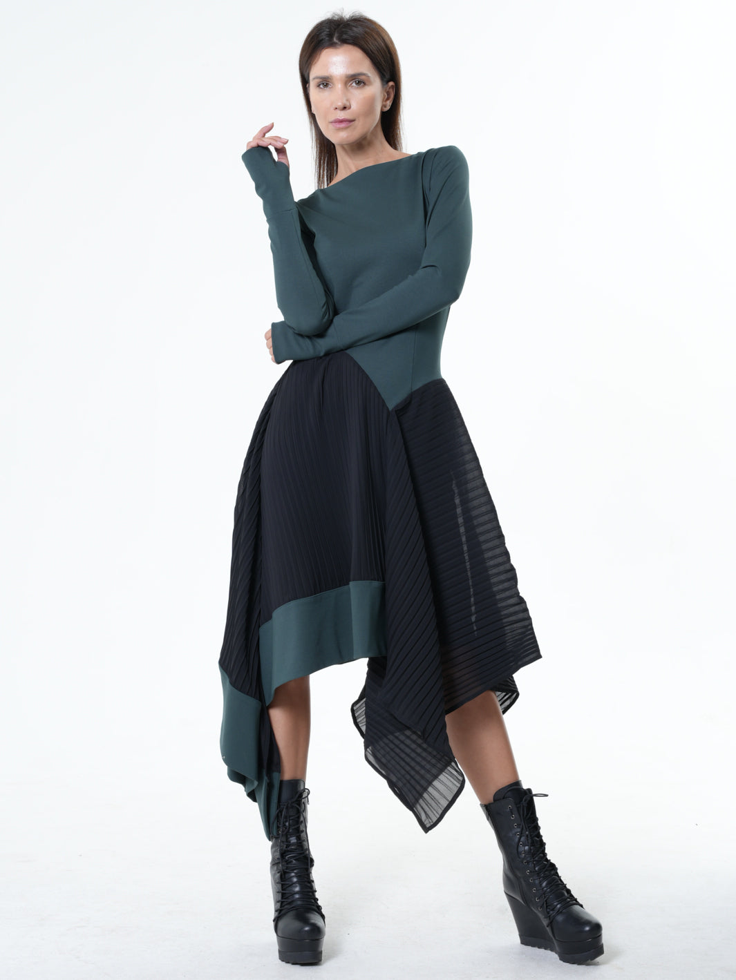 Asymmetric Dress In Petrol With Pleated Chiffon Layer