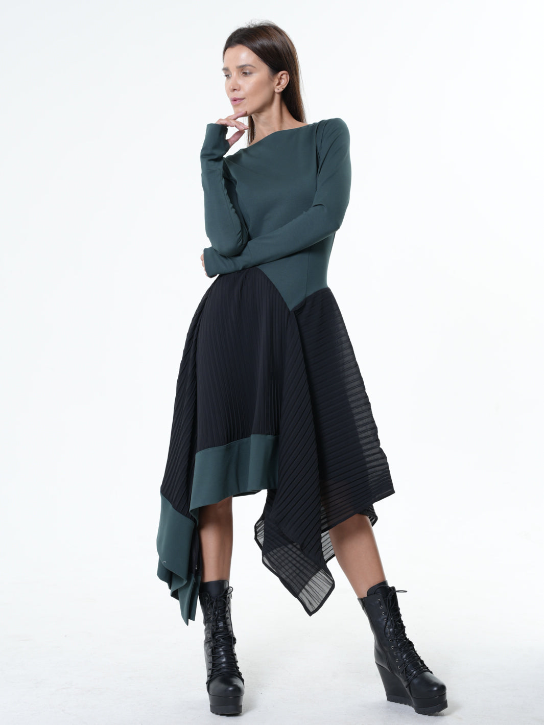 Asymmetric Dress In Petrol With Pleated Chiffon Layer