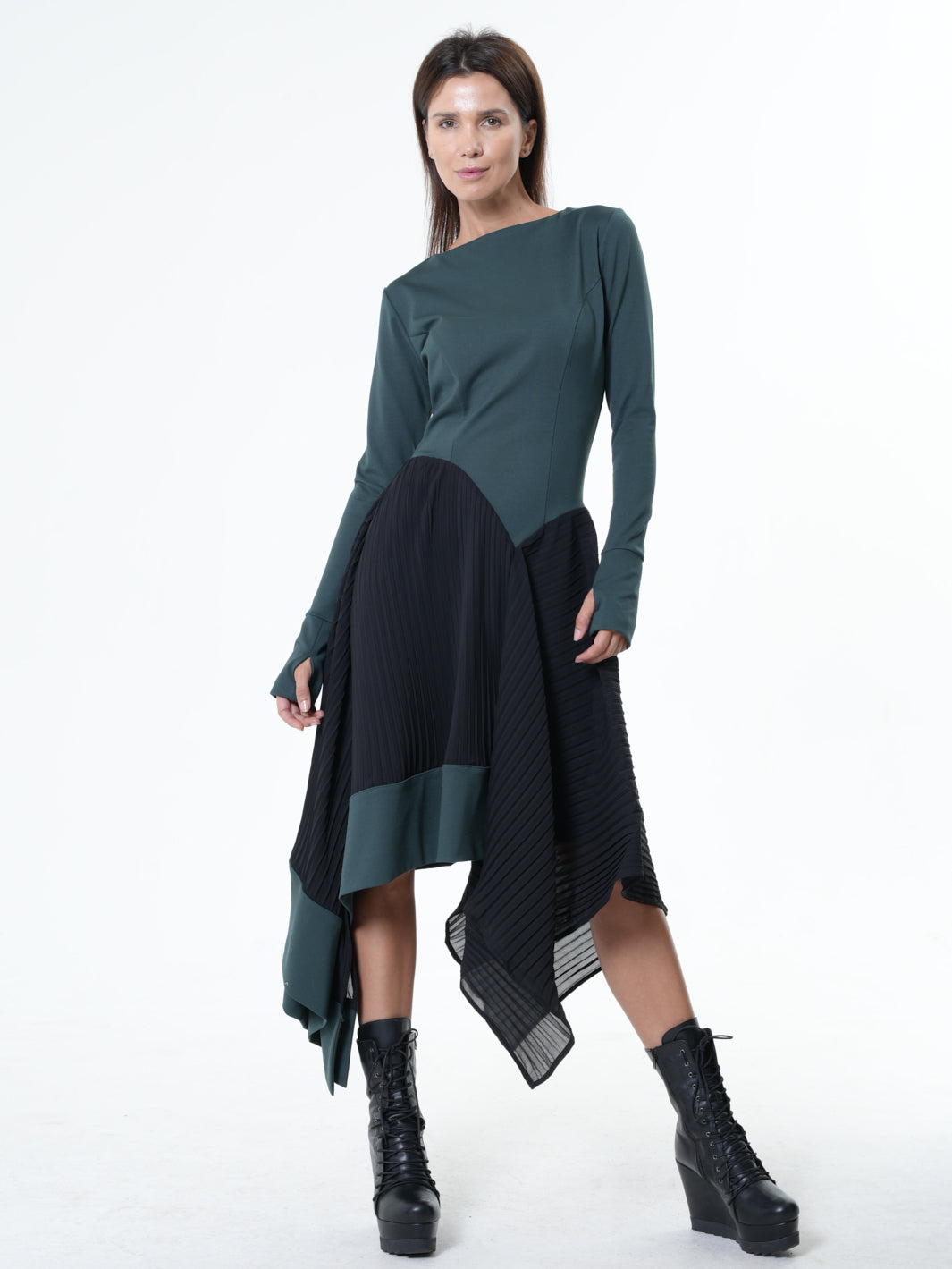 Asymmetric Dress In Petrol With Pleated Chiffon Layer