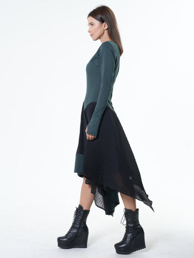 Asymmetric Dress In Petrol With Pleated Chiffon Layer