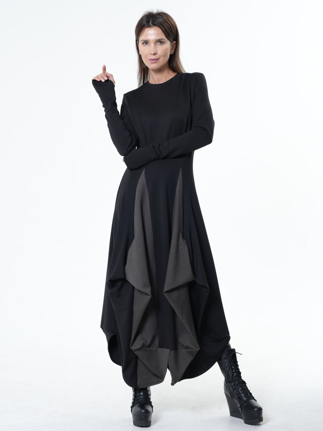 Long Dress With Draping and Thumbhole Sleeves