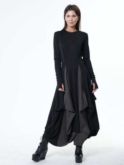 Long Dress With Draping and Thumbhole Sleeves