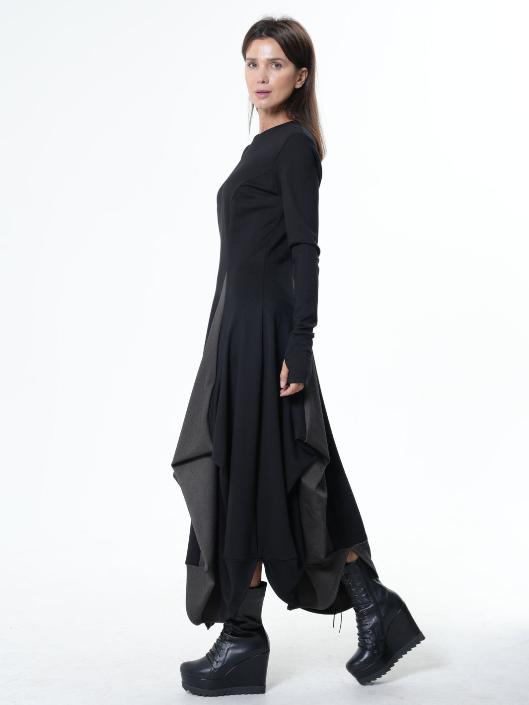 Long Dress With Draping and Thumbhole Sleeves