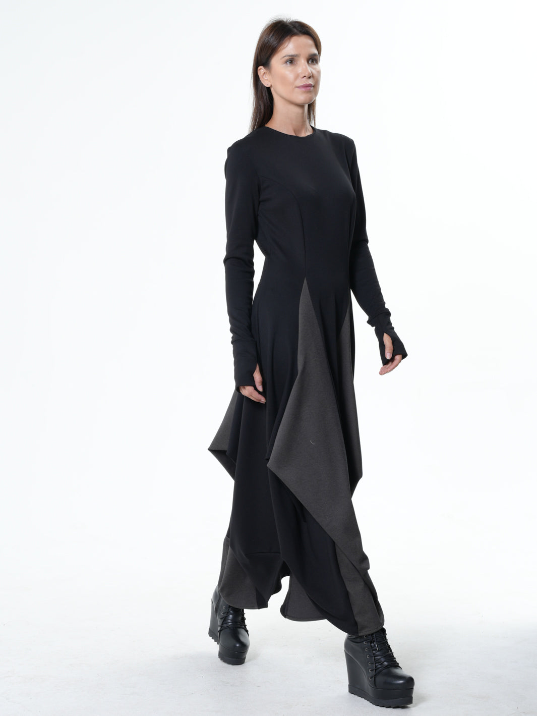 Long Dress With Draping and Thumbhole Sleeves