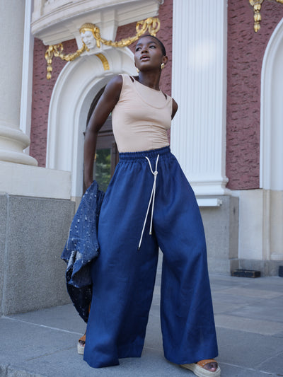 Pantalon en lin palazzo en bleu marine