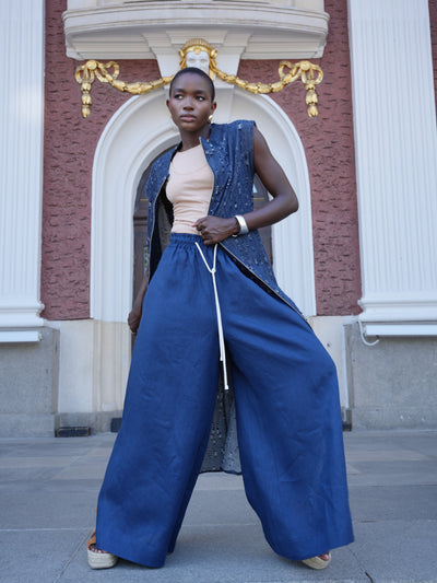 Pantalon en lin palazzo en bleu marine