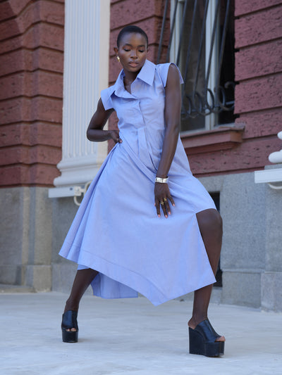 Asymmetric Cotton Shirt Dress In Blue