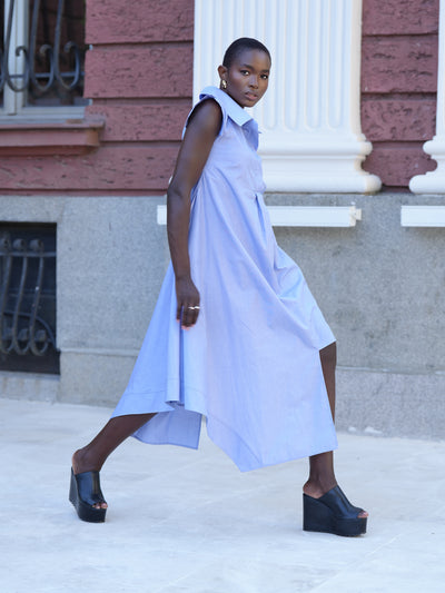 Asymmetric Cotton Shirt Dress In Blue