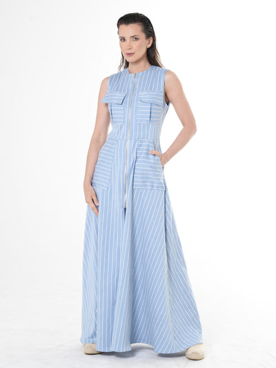 Langes Denim gestreiftes Kleid in hellblau