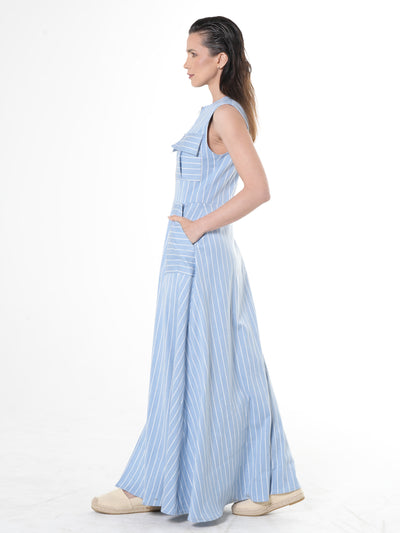 Langes Denim gestreiftes Kleid in hellblau