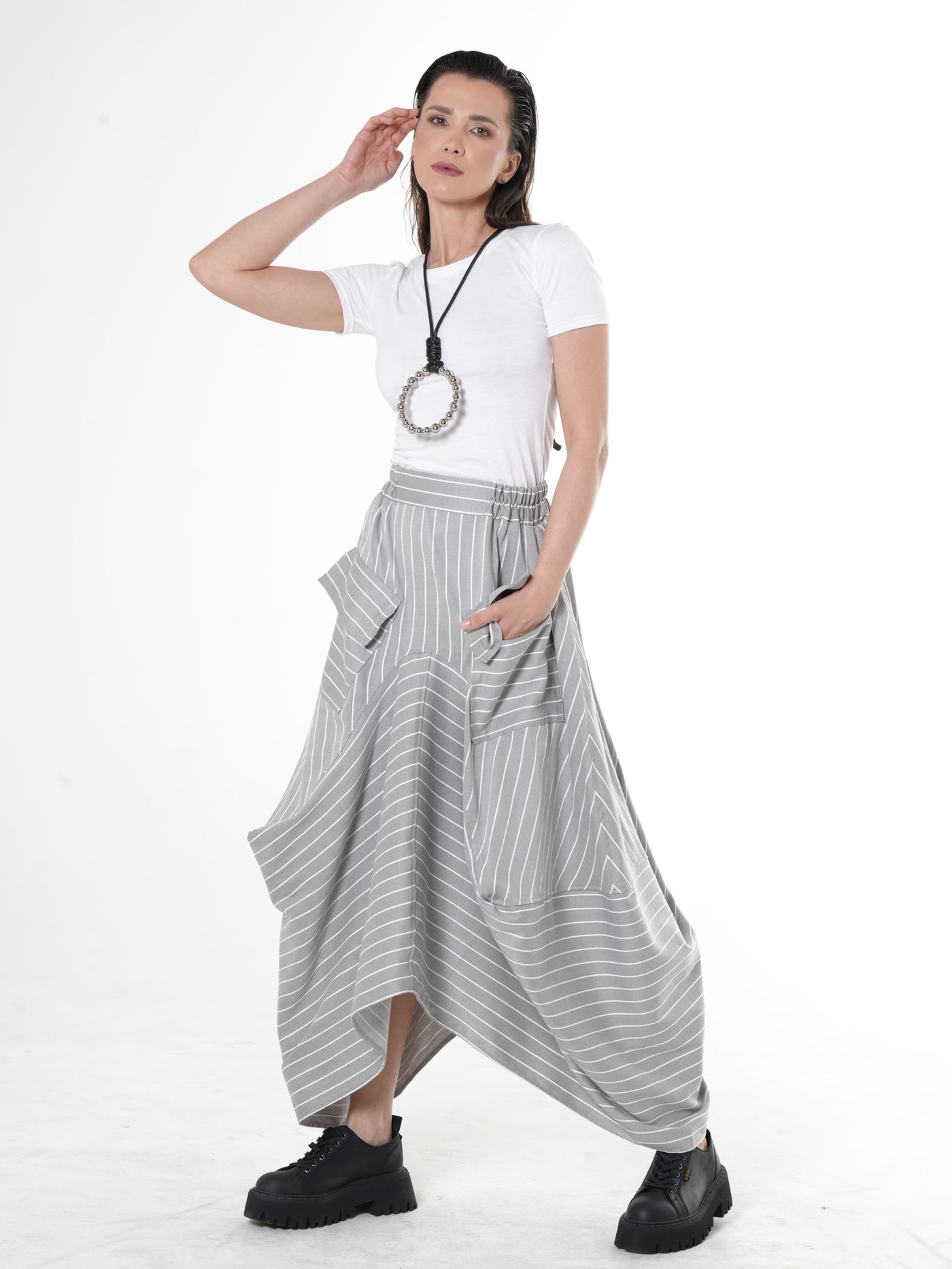 Asymmetric Striped Denim Skirt