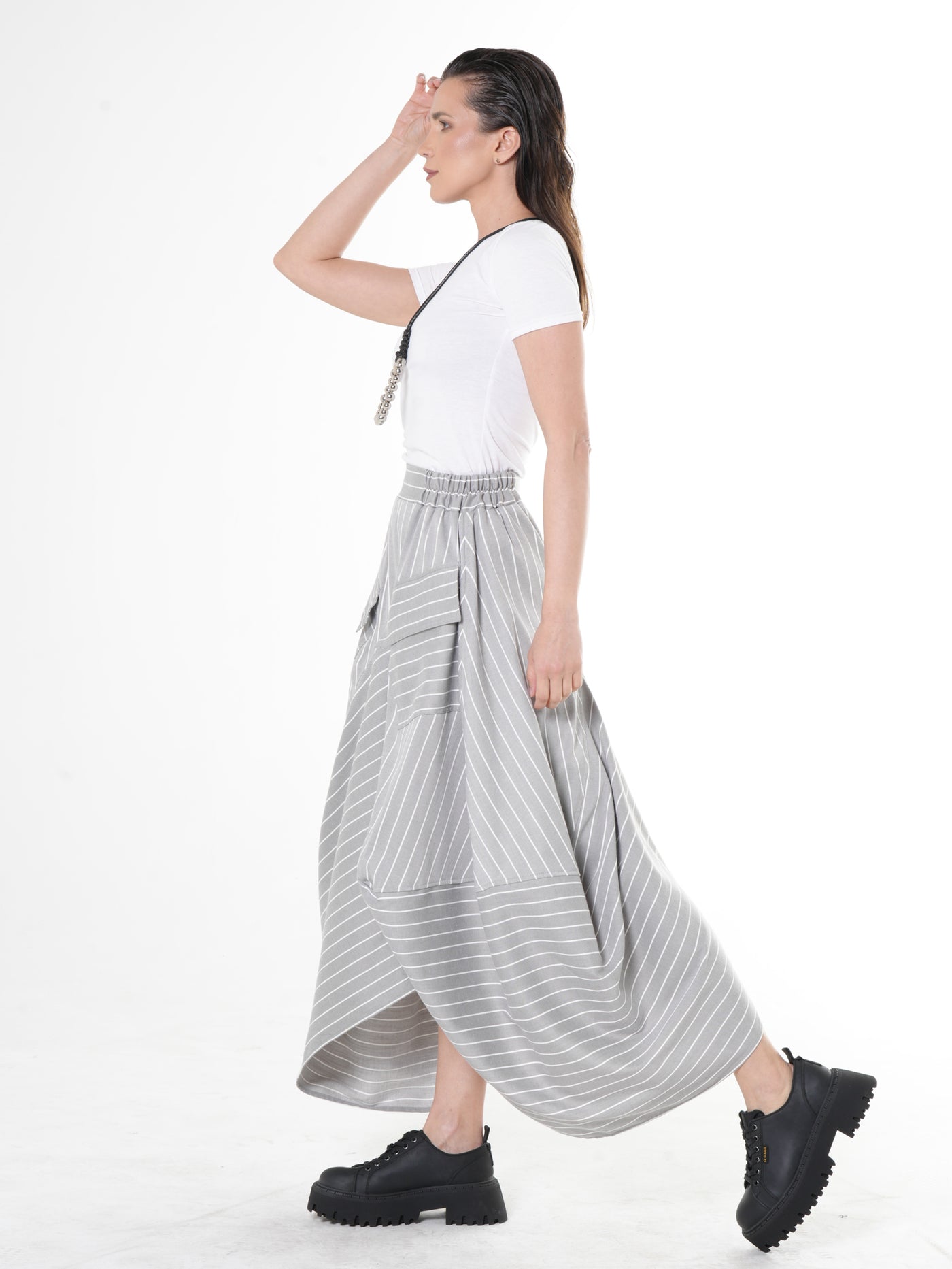Asymmetric Striped Denim Skirt