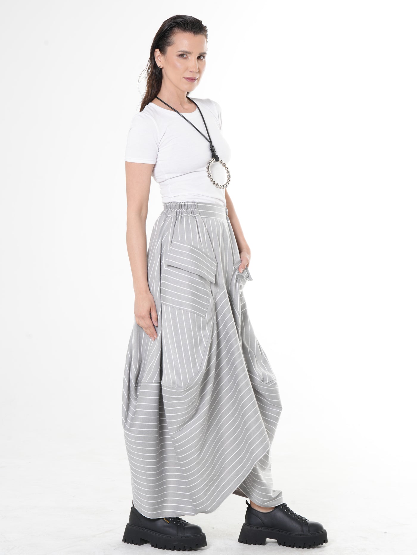 Asymmetric Striped Denim Skirt