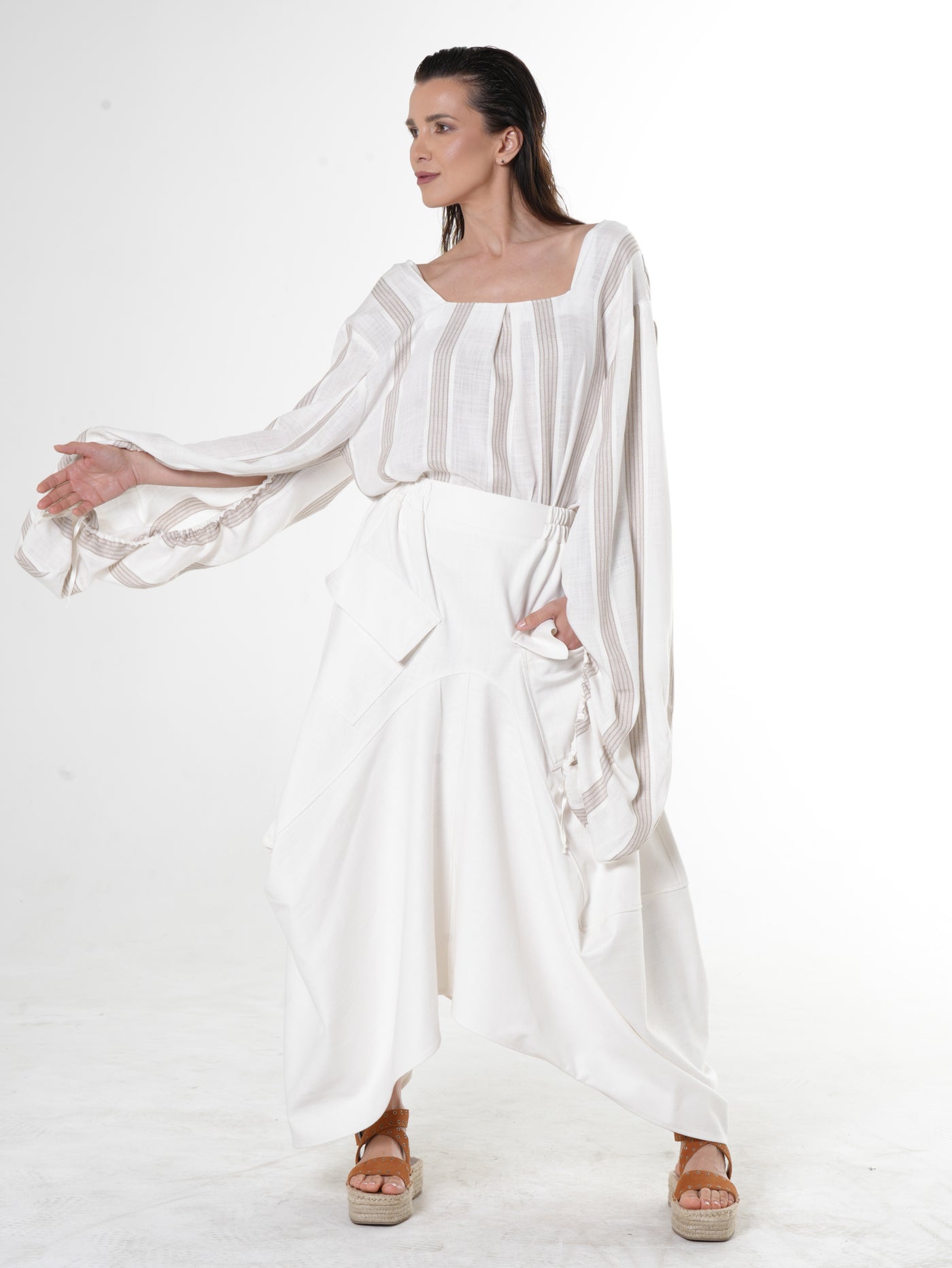 Asymmetrical Long Denim Skirt In White
