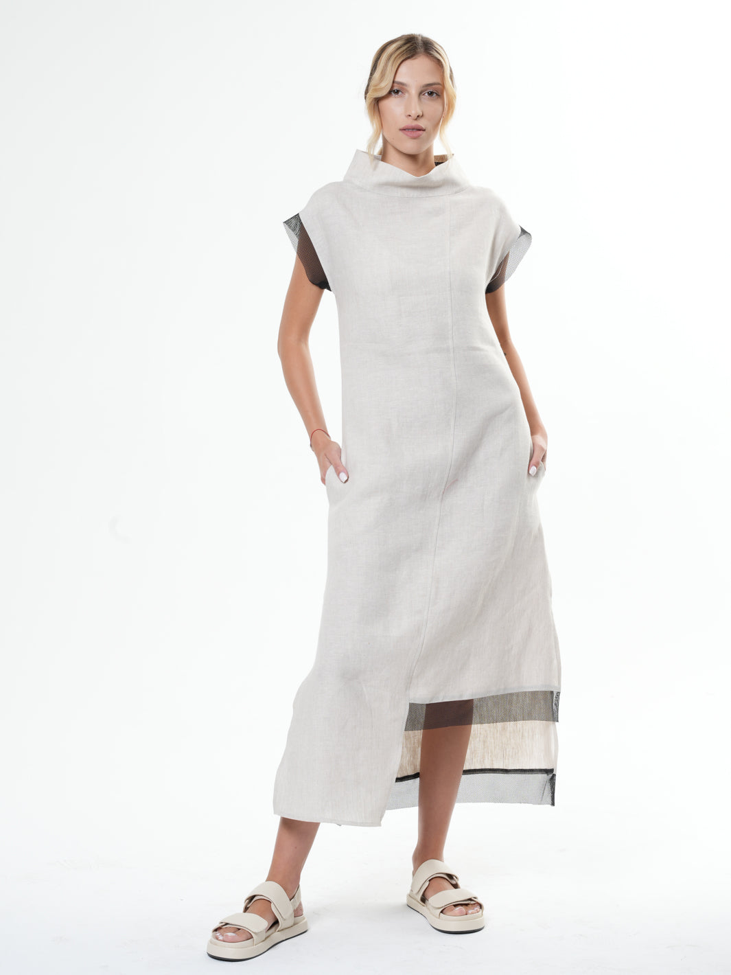 Asymmetrical Linen Dress In Beige – Metamorphoza