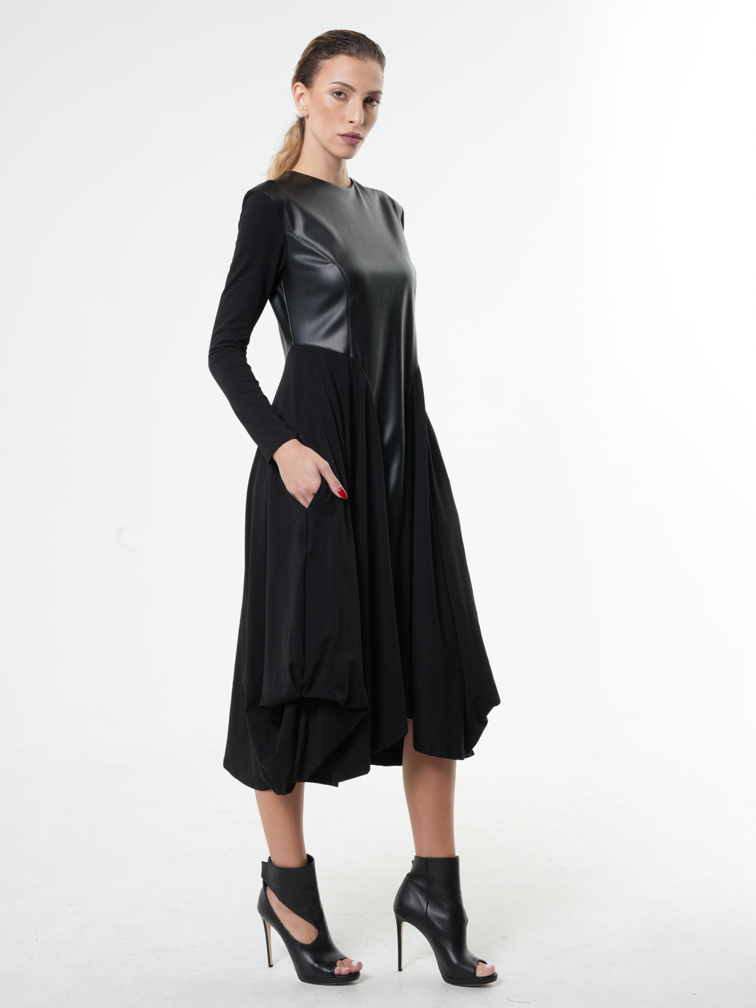 Long Sleeve Dress With Vegan Leather Front