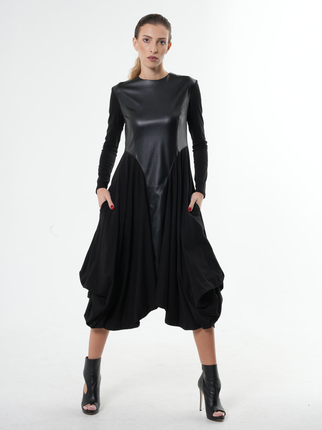 Long Sleeve Dress With Vegan Leather Front Metamorphoza Long Sleeve Dress With Vegan Leather Front Metamorphoza