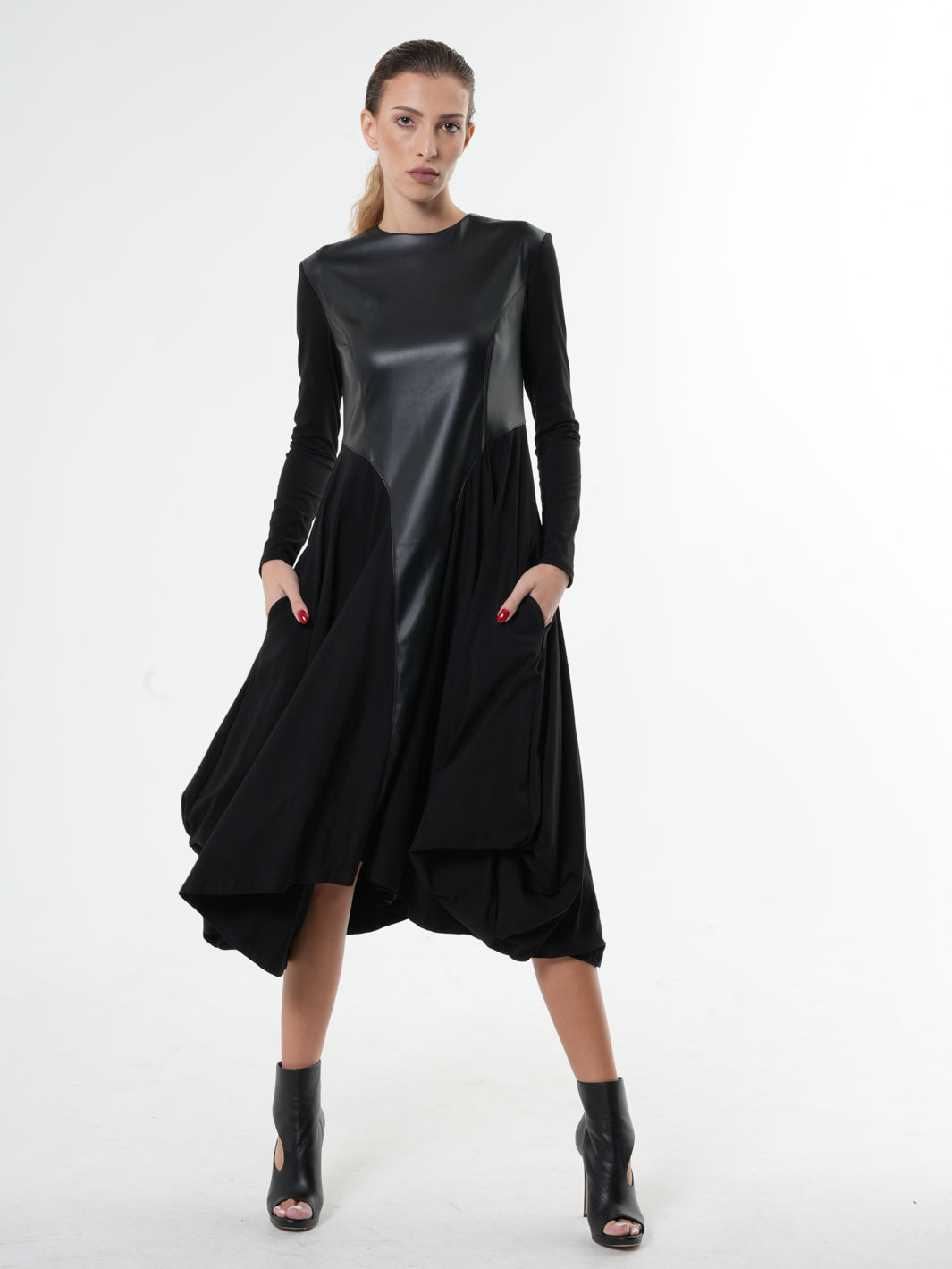 knee length dresses for ladies Long Sleeve Dress With Vegan Leather Front – Metamorphoza