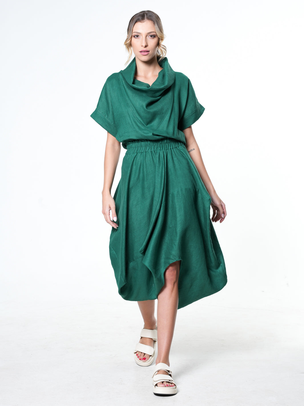 Cowl Neck Linen Dress In Green