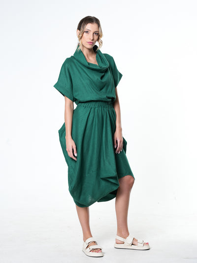 Cowl Neck Linen Dress In Green
