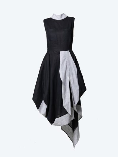 Long Linen Dress In Black and Gray