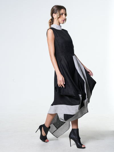 Long Linen Dress In Black and Gray